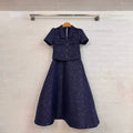 Office Sequin Tweed Two Piece Sets for Women Lapel Short Sleeve Cropped Jacket High Waist Midi A Line Skirt Formal Outfit