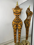 Sparkly Crystal Tiger Stripe Print Women Sexy Sleeveless Stretch Hollow Out Jumpsuit Nightclub Stage Performance Dance Costume