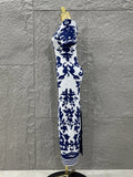 Sexy Short Sleeve Jacquard Blue Bandage Bodycon Long Dress Women Celebrity Elegant Evening Club Party