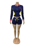 Casual Tracksuit 2-Piece Set Women Patchwork Zip Letter Print Jacket+Drawstring Shorts Matching Simple Sporty Outfit