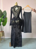 Fall Women Long Sleeve Stacked Mesh See Though with Lining Bodycon Long Dress Evening Birthday Sexy Party Dresses