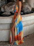 Colorful Print Dress Woman Sexy Wrap Chest Backless High Splits Summer Holiday Beach Party Elegant Style Long Bodycon