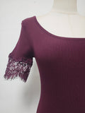Romantic Dates Brown Ribbed Knit Mermaid Dresses for Women U Neck Short Sleeve Lace Trimmed Midi Skirt for Office Commute