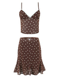 Casual Coffee Polka Dot Two Piece Set for Women Lace Trim Cami Sheer Mesh Ruffled Midi Skirt Set for Vintage Dates