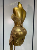 Women Sexy Strapless Sequins Rhinestone Gold Dress Glitter Top Two Pieces Sets Birthday Evening Party Club Singer Stage Outfit