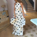Women Long Dress 2 Piece Elegant Polka Dot Sleeveless Top Ruffle Pleated Dress Set Luxury Party Sexy Female Dress Set