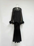Formal Feather Cape Sleeve Maxi Dress for Women O Neck Spaghetti Strap Floor Length Long Evening Prom Cocktail Party Gown