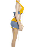 Tassel Color Blocking Knit Bandage Bow 2-Piece Set Women Halter Backless v-Neck Vest+Hollow Skirt Sexy Fashion Suit