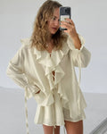New Casual Shorts Two-piece Set Women's Ruffled Loose Tie Top Simple Shorts Set Office Lady Summer Female Shorts Set