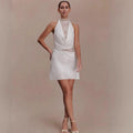 Elegant Red Brown Lace Patchwork Long Dress Women's Turtleneck Draped Collar Dresses Evening Party Wedding Guest Summer White
