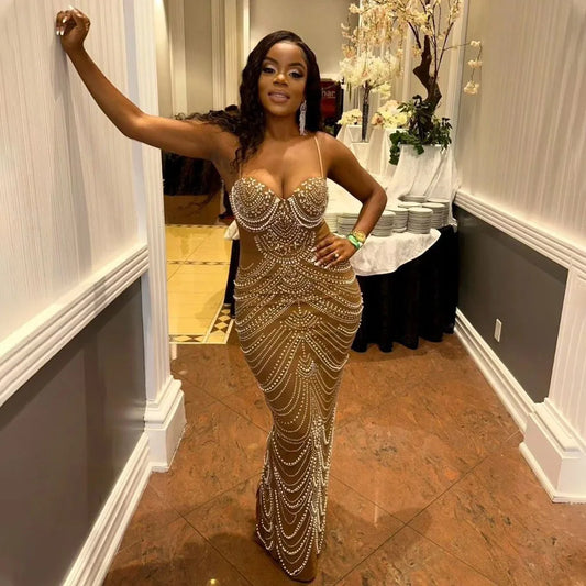 Women's Pearl Beading Rhinestone Sequin Dress Sexy Party Club Night Formal Evening Dress Hot Drilling Birthday Outfits