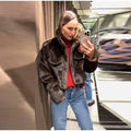 Women's Brown Faux Fur Cropped Jacket Fashion Stand Collar Single Breasted Pocket Casual Coat Lady 2026 Spring Chic Outerwear