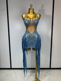 Sparkly Blue Rhinestone Tassel Mesh See Through Dress Pole Dancer Singer Outfit Women Sexy Evening Party Club Stage Costume