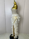 Women Sexy Elegant Evening Party Luxury Birthday Photo Shoot Performance Costume Sparkly Rhinestone Feather Mesh Long Dress