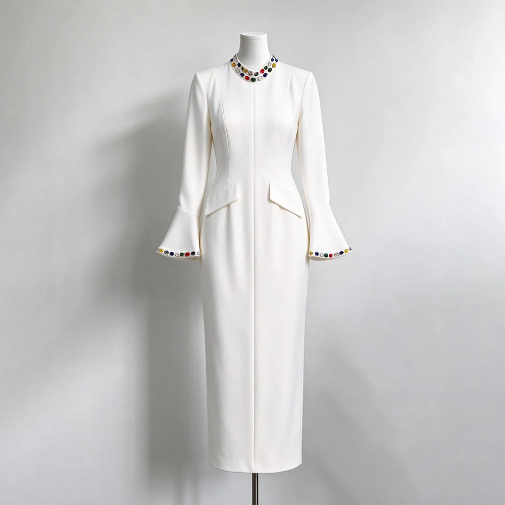 Luxury Crystal Flare Sleeve Formal Evening Dress Long Sleeves Slim Women's Gowns Trumpet Elegant Wedding Party Dress