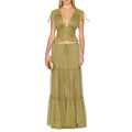 Romantic Boho Two Piece for Women V Neck Lace Spliced Crop Top Sheer Ruffle Hem Drawstring Waist Outfit for Vacation Beach