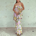 Summer Beach Floral Printing Dress for Women Strapless Sleeveless Spliced Folds Tiered Long Dresses Female Clothing