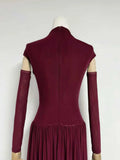 Solid Slim Fit Maxi Dress Elegant O-neck Detachable Long Sleeves Party Dress New Temperament Pleated Women Maxi Dresses