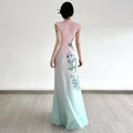 Printed Pink Green Elegant Cheongsam Dress Retro slim-fit Mesh Sleeveless Long Dress For Women Dance Qipao