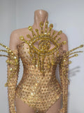 Sexy Sparkly Golden Rhinestones Eyes Stretch Bodysuit Women Eveing Birthday Party Nightclub Bar Singer Dancer DJ Stage Costume