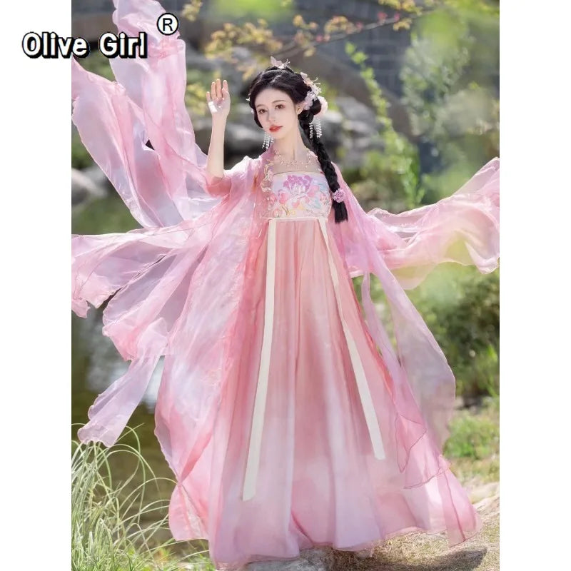 Olive Girl Red Embroidered Hanfu Dress for Ren Faire 2026 Garden Wedding Fairycore Photoshoot S-XL XS-3XL Plus Size Embroidered Flowing Sleeve Dramatic Silhouette Romantic Editorial Not Costume Chinese Heritage Fashion Women