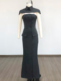 Women'S Shawl+Strapless Culottes Two-Piece Dress Sexy Backless Sleeveless Double Breasted Slim Fashion Outfit