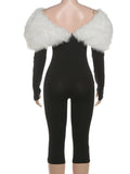 Furry Slash Neck Jumpsuit Woman Sexy Hollow Patchwork Full Sleeve Backless Skinny Hottie Street Autumn New Overalls