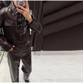 Women's Brown Faux Leather Pants Set Fashion Lapel Single Breasted Cropped Jacket Wide Leg Trouser Lady Autumn Chic Outfits