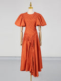Solid Spliced Drawstring Folds Designer Maxi Dress for Women O Neck Puff Sleeve High Waist Elegant Party Dresses Female New