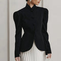 French Elegant Retro Black Blazer for Women Stand Collar Puff Sleeve Slimming Commuter Coats Female Winter Clothing