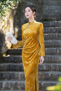 Olivegirl Chinese Dress Qipao 2026 Spring Gold Improved Velvet Waist Long Daily Young Long-sleeved Cheongsam Dress