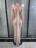 Shinning Sequins Women Sexy Halter Backless Mesh See Through Bodycon Long Dress Celebrate Nightclub Party Birthday Outfit