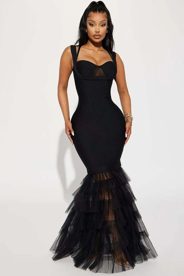 Black Color Women Sleeveless Sexy Square Collar Bodycon Mermaid Gowns Dress Bandage Fashion Evening Party Prom Outfit Vestidos