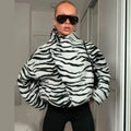 Chic Retro Zebra Print Cropped Jacket Trendy Oblique Placket Stand Collar Loose Fit Coat Lady Daily Street Party Outerwear