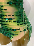 Green Sparkly Rhinestone Tassels Women Sexy Mesh Bodysuit Eveing Party Birthday Latin Dancer Nightclub Performance Stage Costume