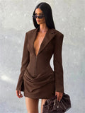 Elegant Office Dress Women Sexy Single-Breasted Hidden Buttons V-Neck Full Sleeve Folds Fashion Commute Bodycon