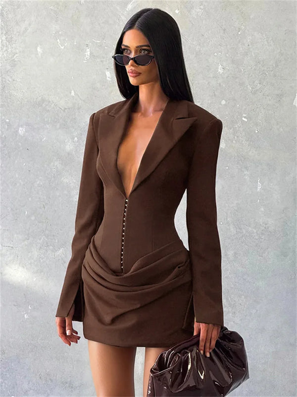 Elegant Office Dress Women Sexy Single-Breasted Hidden Buttons V-Neck Full Sleeve Folds Fashion Commute Bodycon