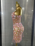 Shining Rhinestones Women Sexy Strapless Mesh See Through Florals Bodycon Mini Dress Performance Costumes Celebrate Stage Wear