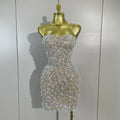 Women Sparkly Rhinestones Sexy Strapless Mesh See Through Mini Dress Birthday Party Evening Cocktail Dress Nightclub Stage Wear