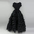 Elegant Spliced Tiered Ruffles Dress for Women O Neck Sleeveless Patchwork Lace Up Slim Formal Evening Puff Dresses Female