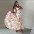 Elegant Women's Printed Pleated Dress Slim Short Bubble Sleeve V-neck Split Dresses 2026 Spring Summer Lady Fashion Holiday Robe