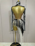 New Shiny Diamond Sequin Tassels Sexy Mesh Long Sleeved Two Piece Set Women Evening Birthday Party Nightclub Stage Costume