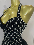 Women Sparkly Rhinestones Ruched Luxury Birthfay Evening Party Dress Sexy Halter Sleeveless Bodycon Mini Bandage Cocktail Dress