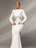 Elegant Women Diamond Celebrity Evening Bandage Maxi Dress White Long Sleeved Sexy Luxury Bodycon Cocktail Party Gown