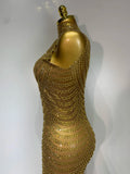 Women Sexy Sparkly Rhinestone Gold Maxi Dress Mesh See Through Evening Party Singer Stage Perform Costume Luxury Birthday Gown