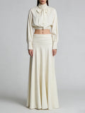 Elegant Chic Apricot Two Piece Set for Women Scarf Collar Puff Sleeve Blouse Midi Waist Flowy Skirt for Office Formal Events