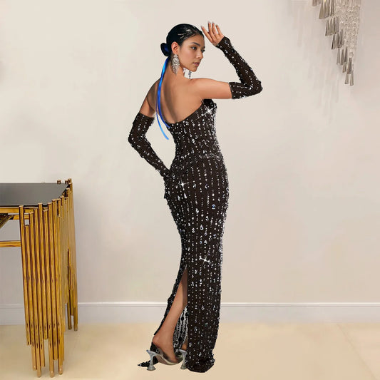 Beautiful Rhinestone Sheer Mesh Maxi Dress With Gloves Glam See-Through Diamonds Long One-Piece Dress Birthday Outfits