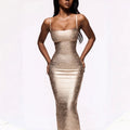 2026 Women Sexy New Sleeveless low-cut Striped Gold Long Dress Party Costume Bar Nightclub Stage Performance Clothing