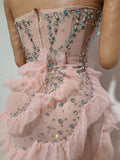 Sparkly Diamond Strapless Mesh Ruffled Pink Long Dress Birthday Evening Party PhotoShoot See Through Bar Nightclub Stage Costume