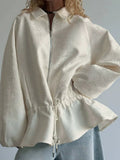 Apricot Jacquard Drawstring for Women Jackets Lapel Bubble Long Sleeve Peplum Hem Zip Up Jacket for Summer Casual